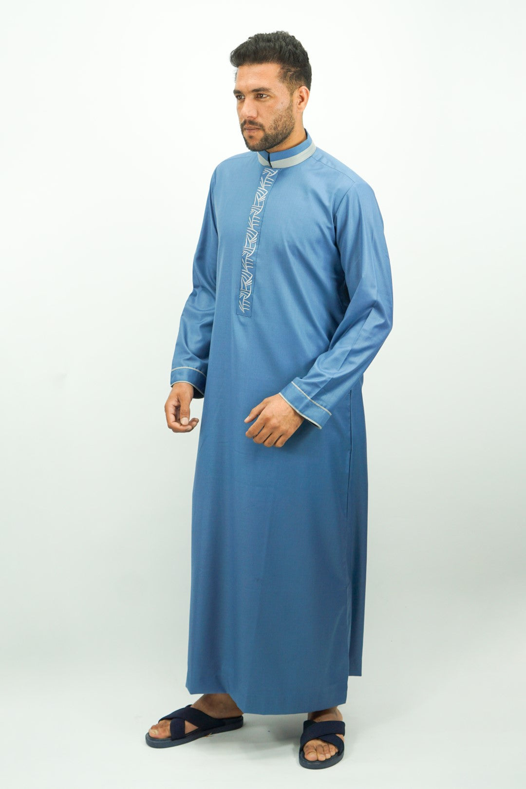 Sky Blue Luxury Thobe With Collar & Grey Embroidery-almanaar Islamic Store