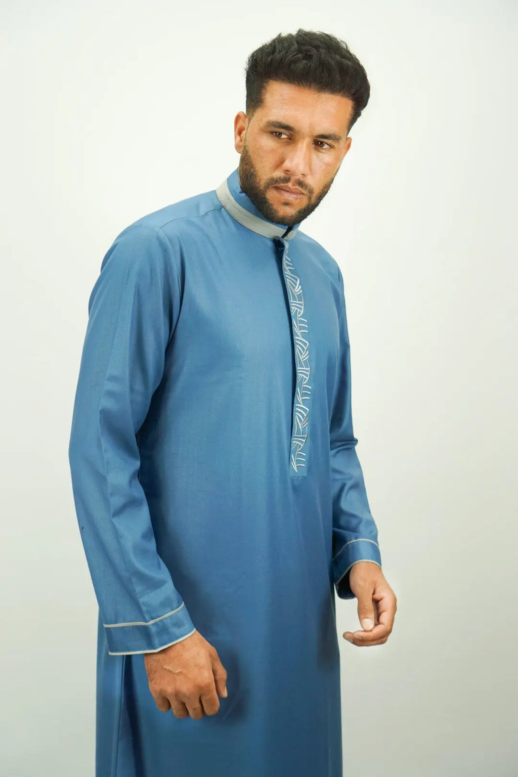 Sky Blue Luxury Thobe With Collar & Grey Embroidery-almanaar Islamic Store