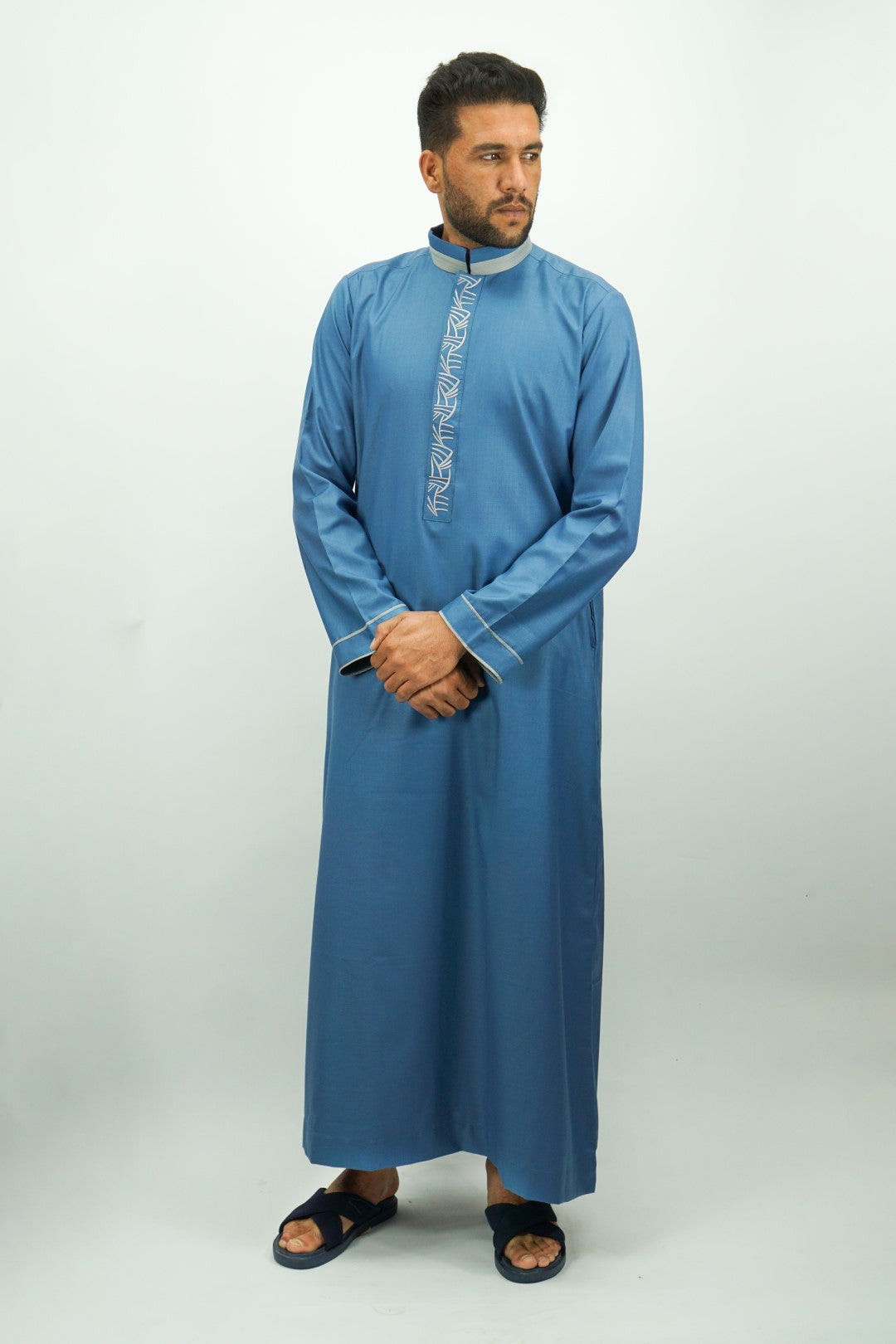 Sky Blue Luxury Thobe With Collar & Grey Embroidery-almanaar Islamic Store