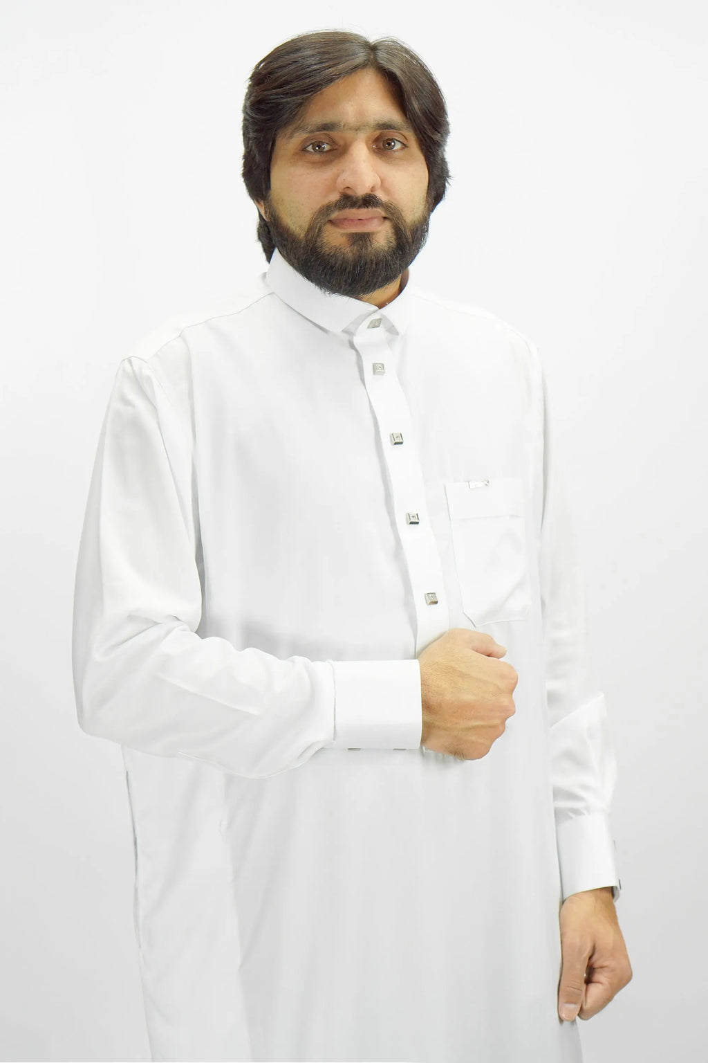 White Luxury Thobe With Premium Buttons-almanaar Islamic Store