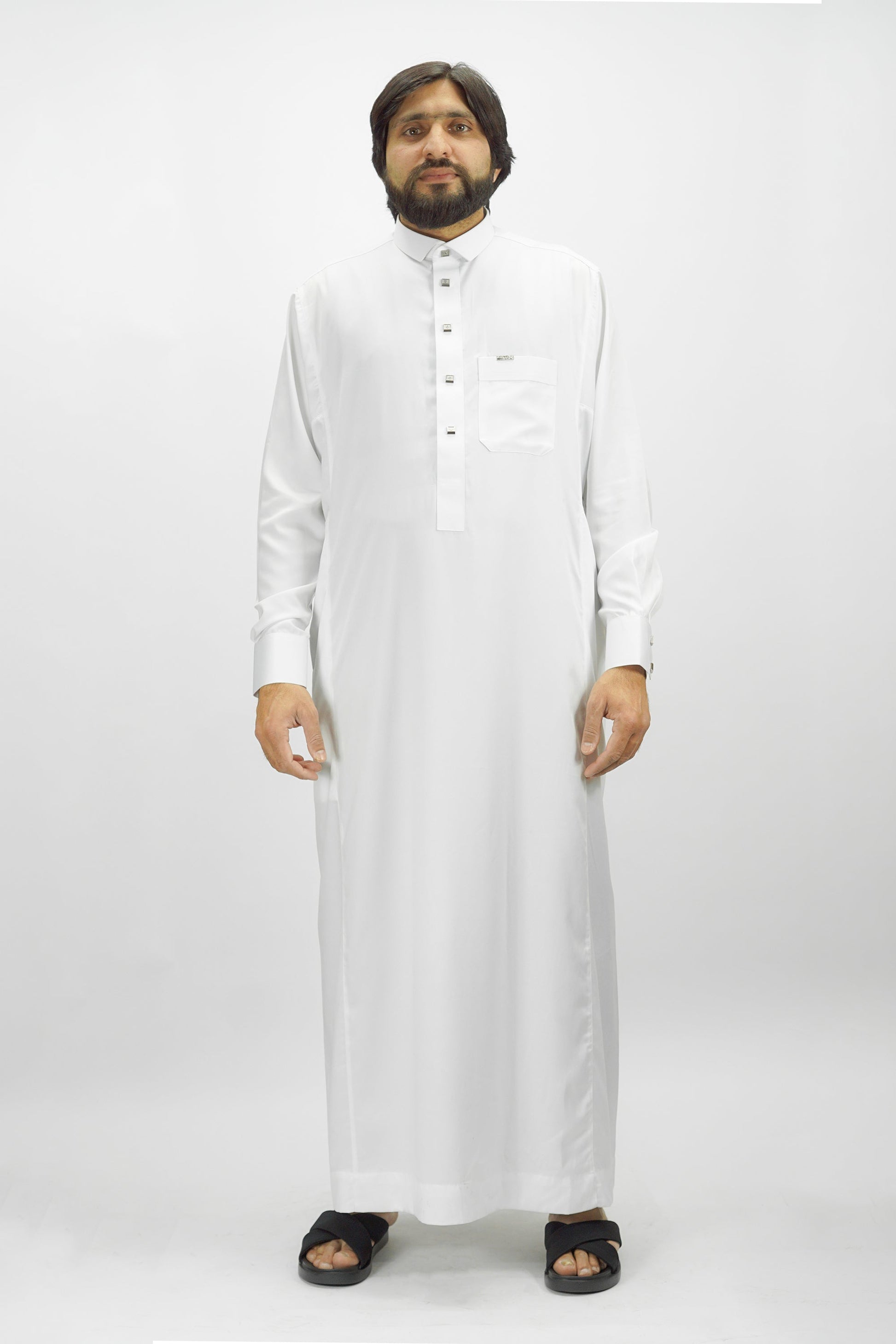 White Luxury Thobe With Premium Buttons-almanaar Islamic Store