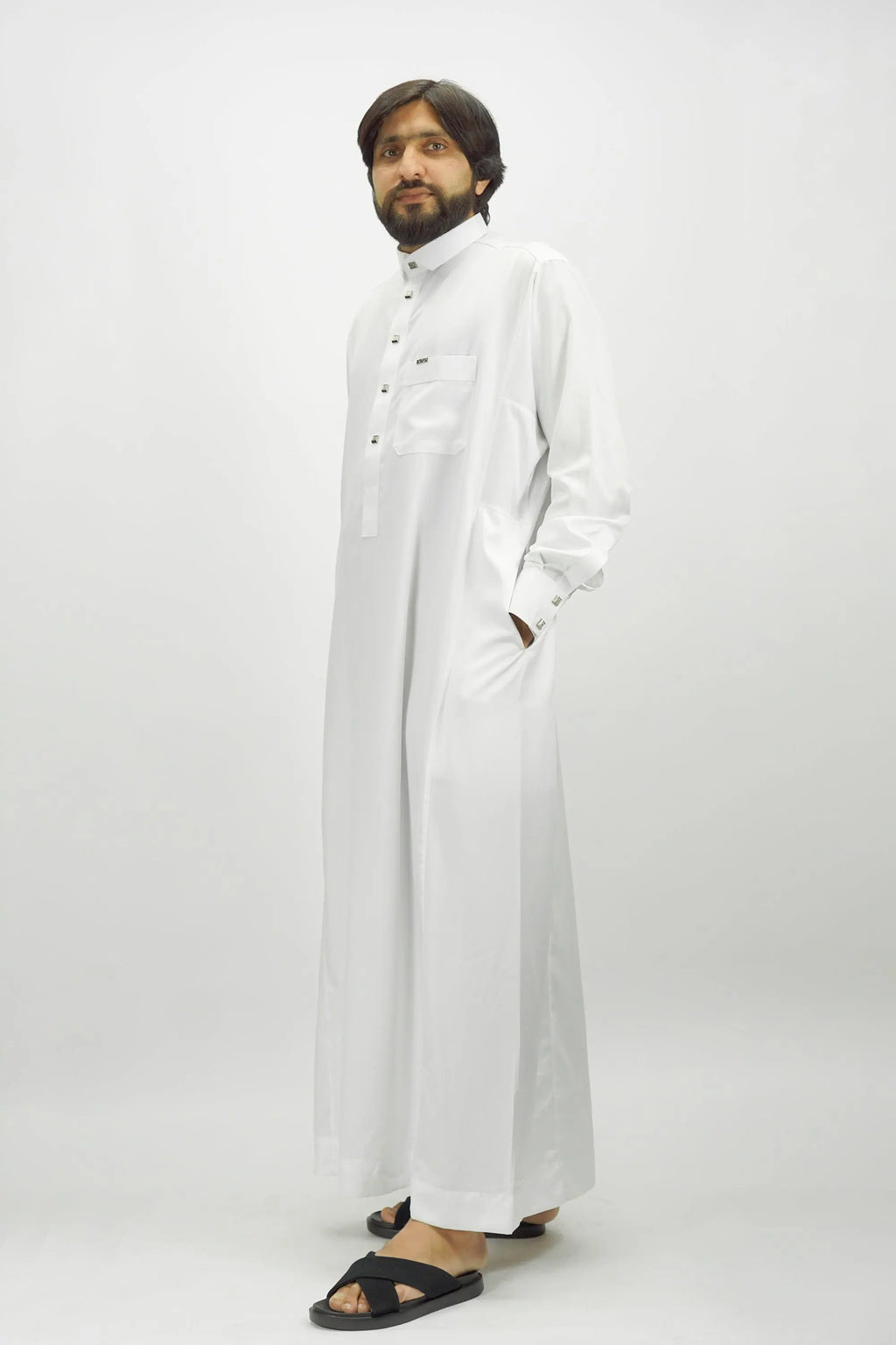 White Luxury Thobe With Premium Buttons-almanaar Islamic Store