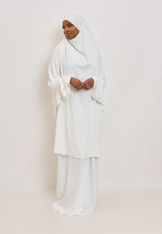 White Premium Two Piece Medina Silk Jilbab Set-almanaar Islamic Store