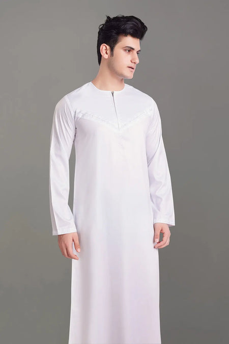 White Shiny Omani Thobe With Front Zip-almanaar Islamic Store