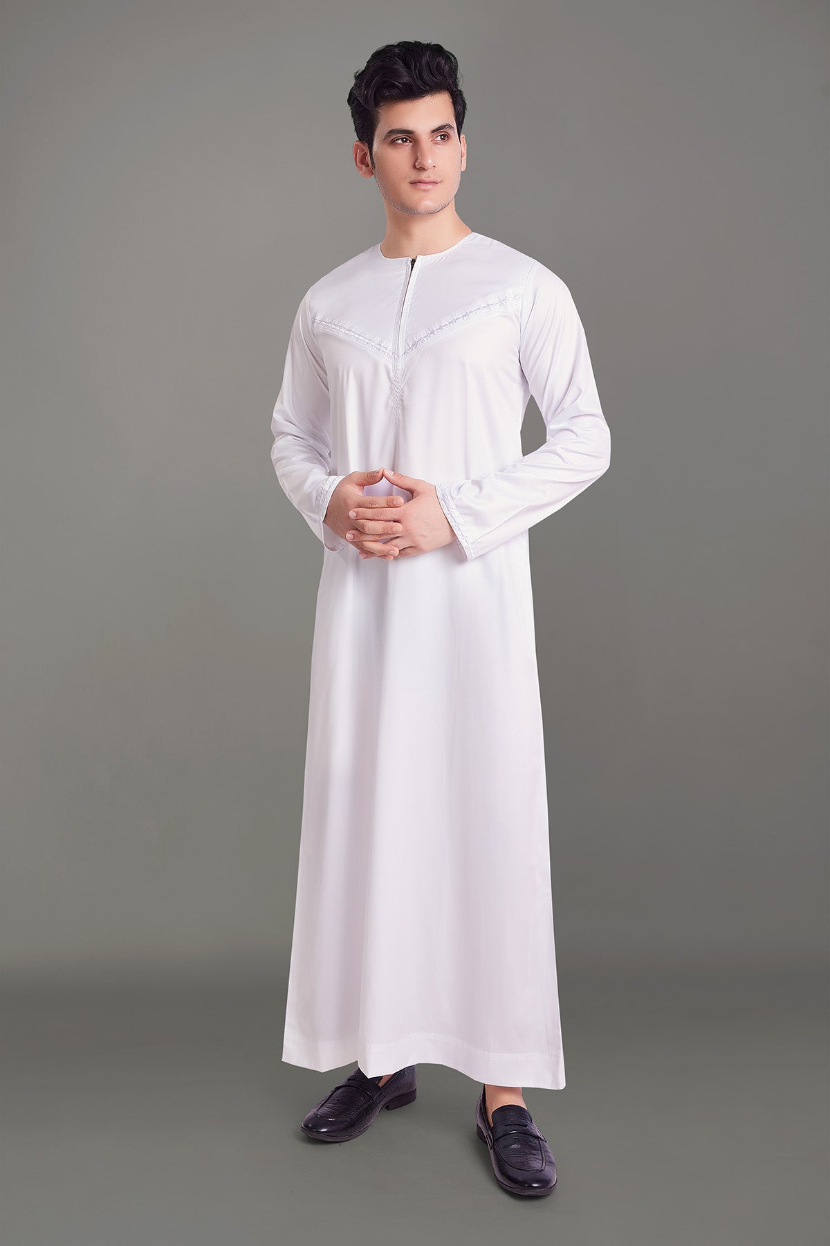 White Shiny Omani Thobe With Front Zip-almanaar Islamic Store