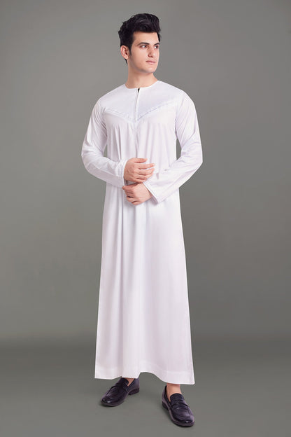White Shiny Omani Thobe With Front Zip-almanaar Islamic Store