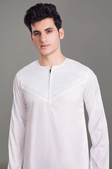 White Shiny Omani Thobe With Front Zip-almanaar Islamic Store