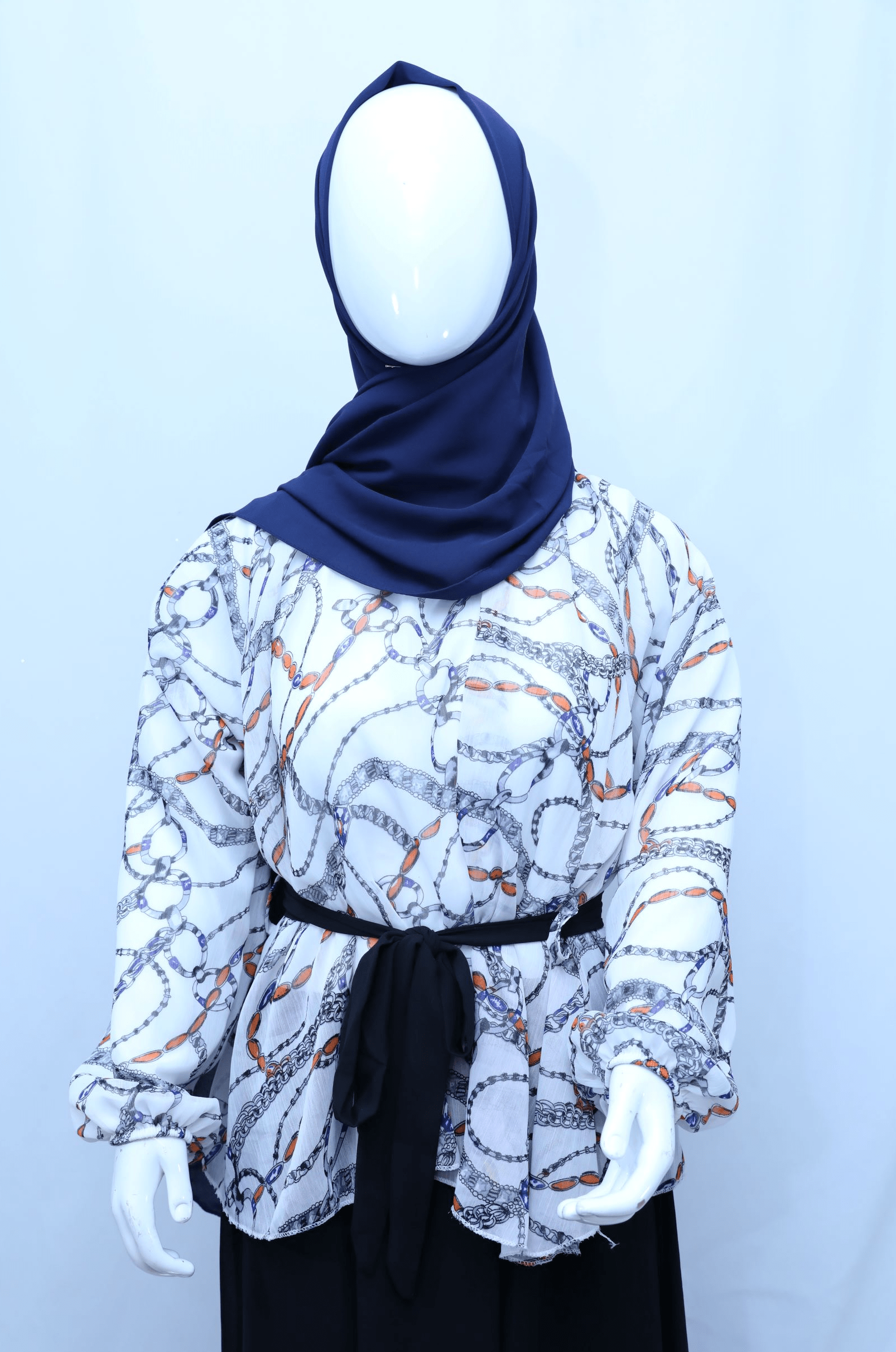 2 Layers Long Sleeve Chain Printed Maxi Dress-almanaar Islamic Store
