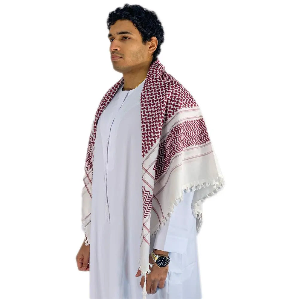 Arab 100% Soft Cotton Shemagh Dark Red & White Scarf-almanaar Islamic Store