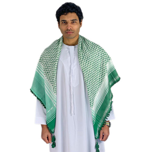 Arab Premium Shemagh White And Green Keffiyeh Scarf-almanaar Islamic Store