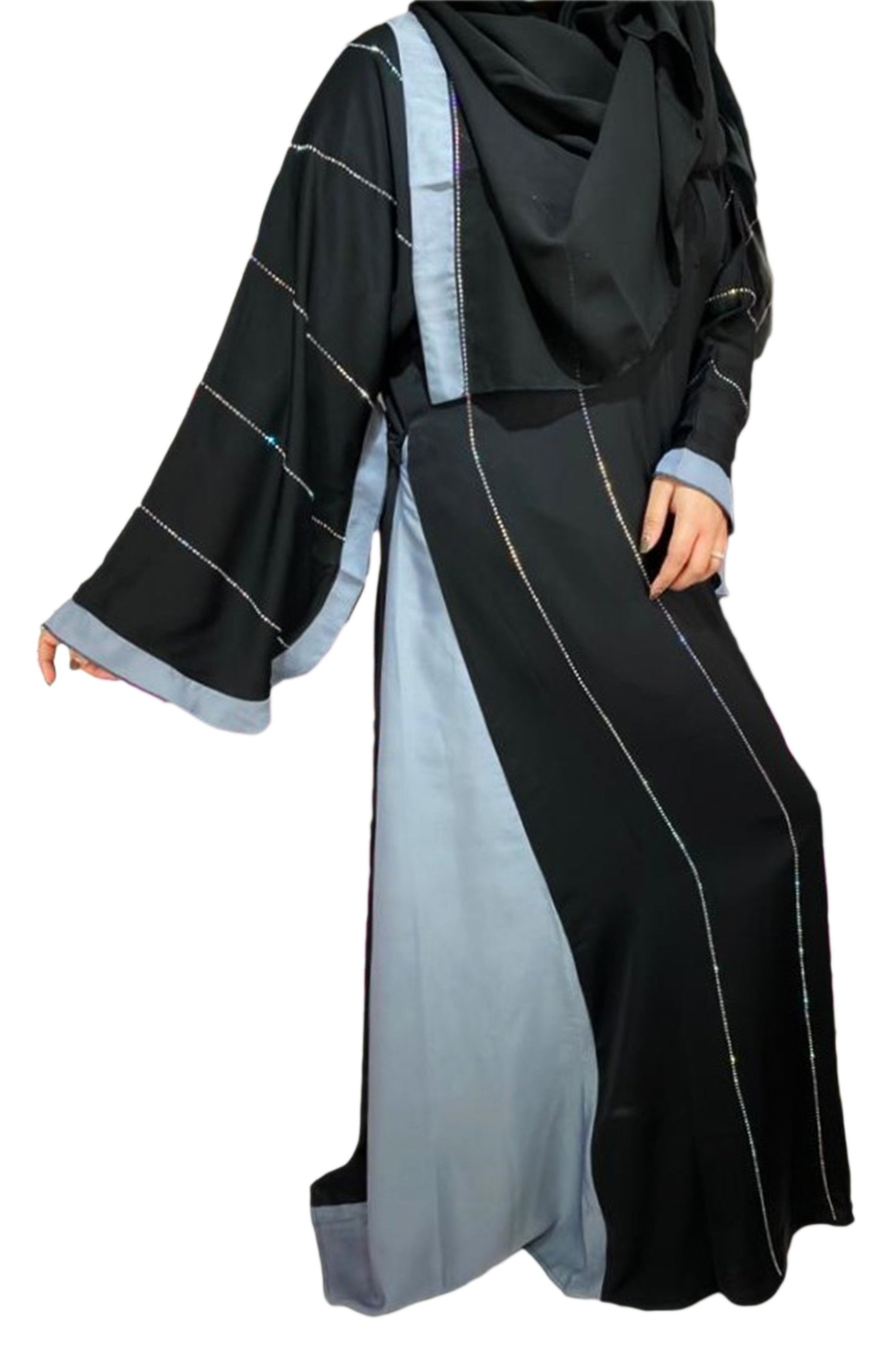 Black And Grey Side Slits With Silver Lining Designer Abaya-almanaar Islamic Store