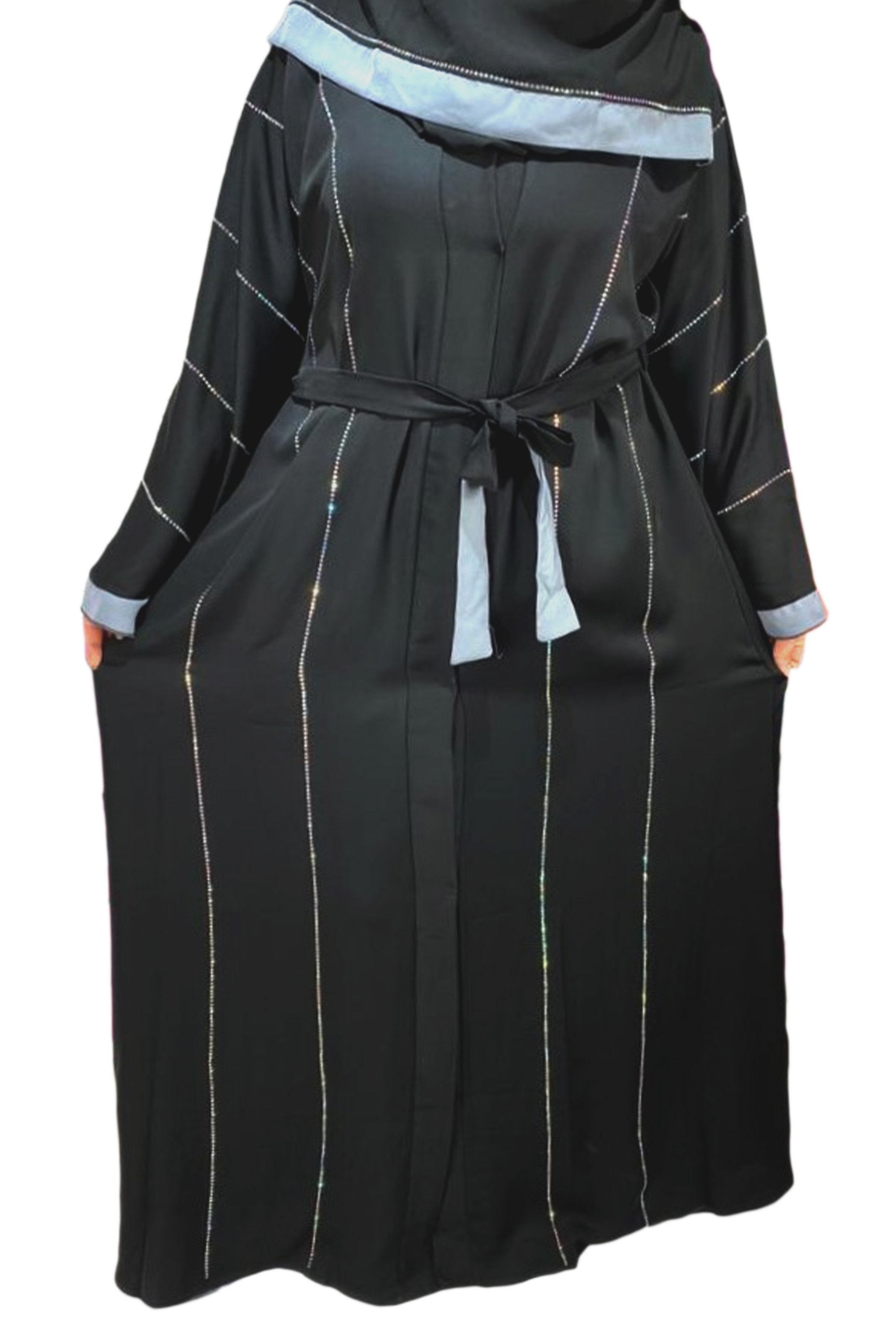 Black And Grey Side Slits With Silver Lining Designer Abaya-almanaar Islamic Store