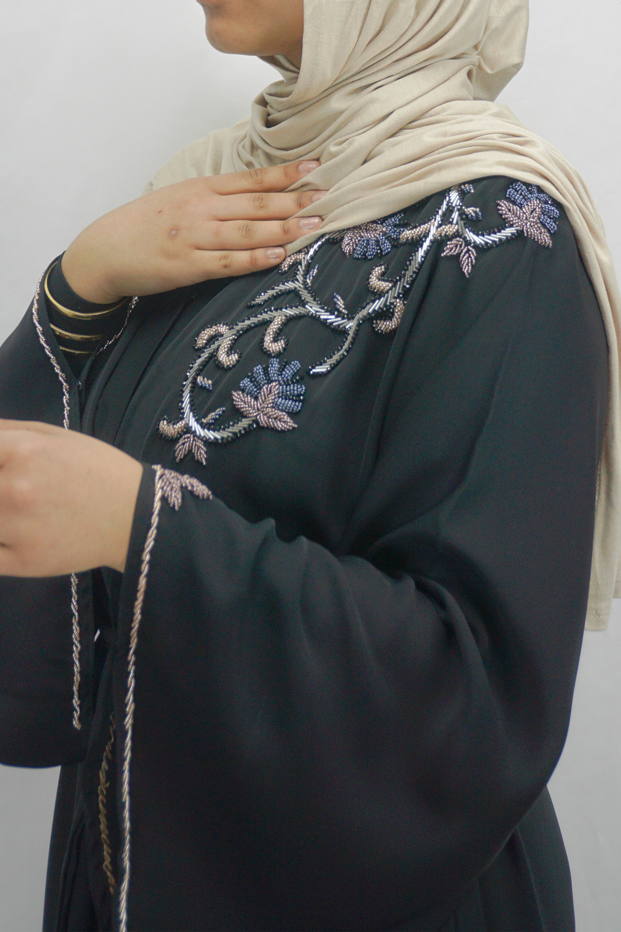 Black Exclusive Gold And Black Embellished Open Abaya-almanaar Islamic Store