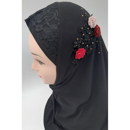 Black Fancy Three Flowers Design Pull on Hijab-almanaar Islamic Store