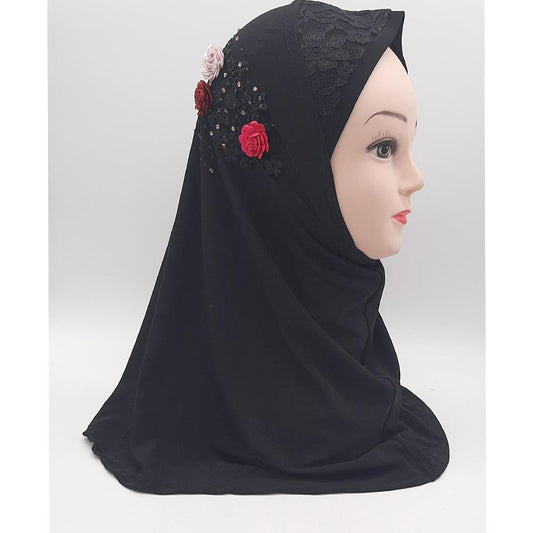 Black Fancy Three Flowers Design Pull on Hijab-almanaar Islamic Store