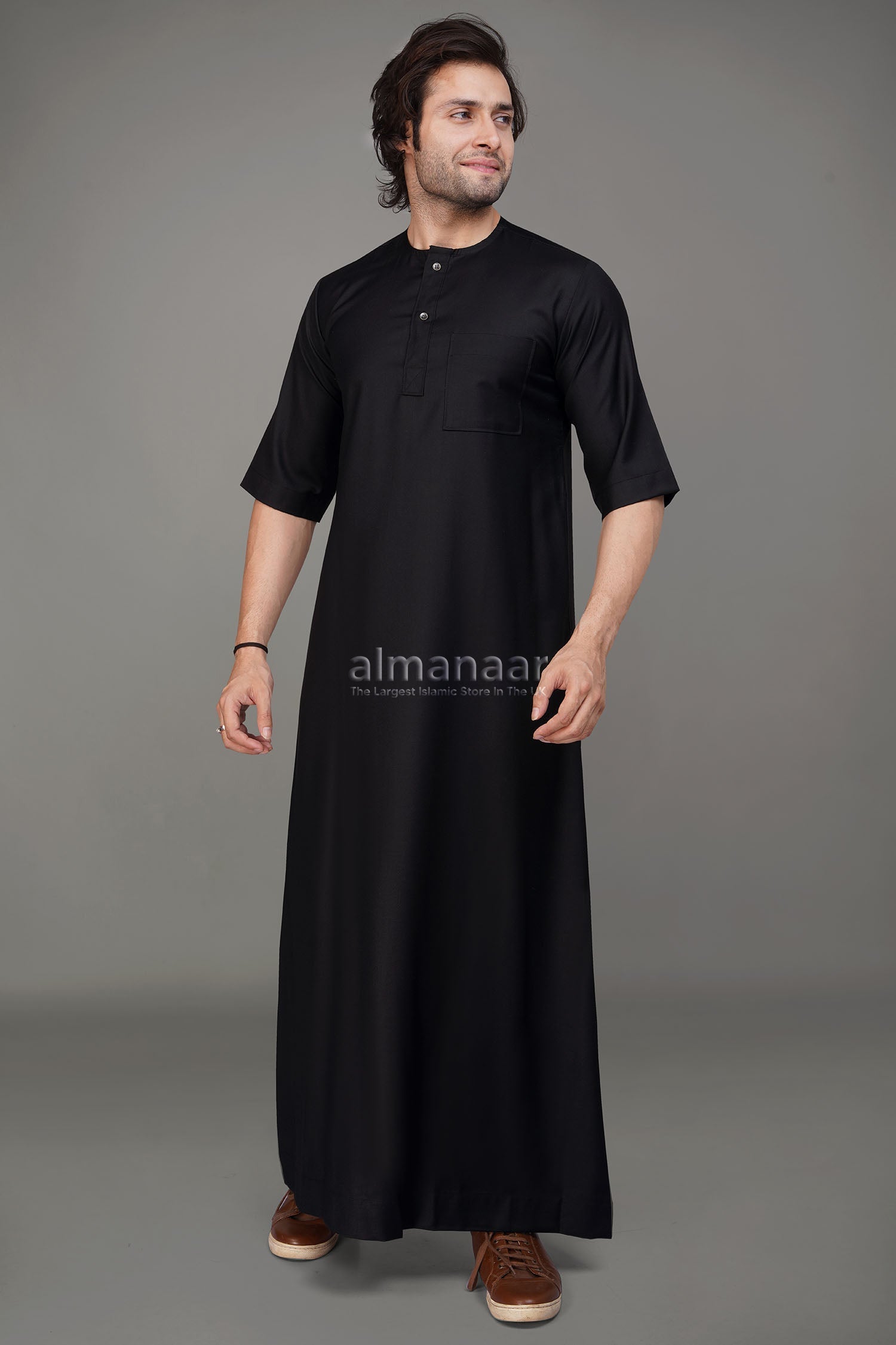 Black Short Sleeve Thobe With Buttons-almanaar Islamic Store