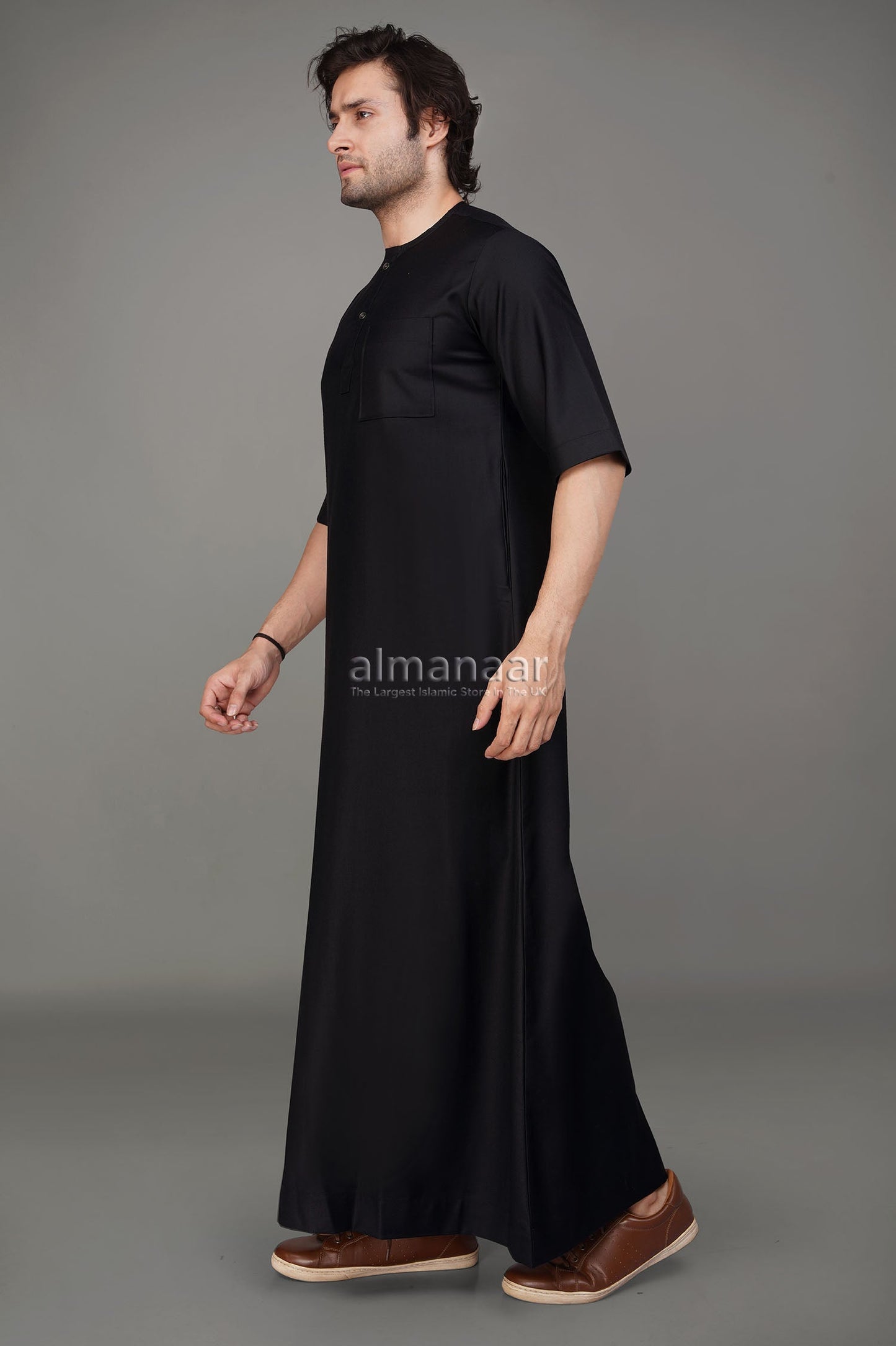Black Short Sleeve Thobe With Buttons-almanaar Islamic Store