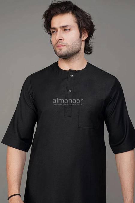 Black Short Sleeve Thobe With Buttons-almanaar Islamic Store