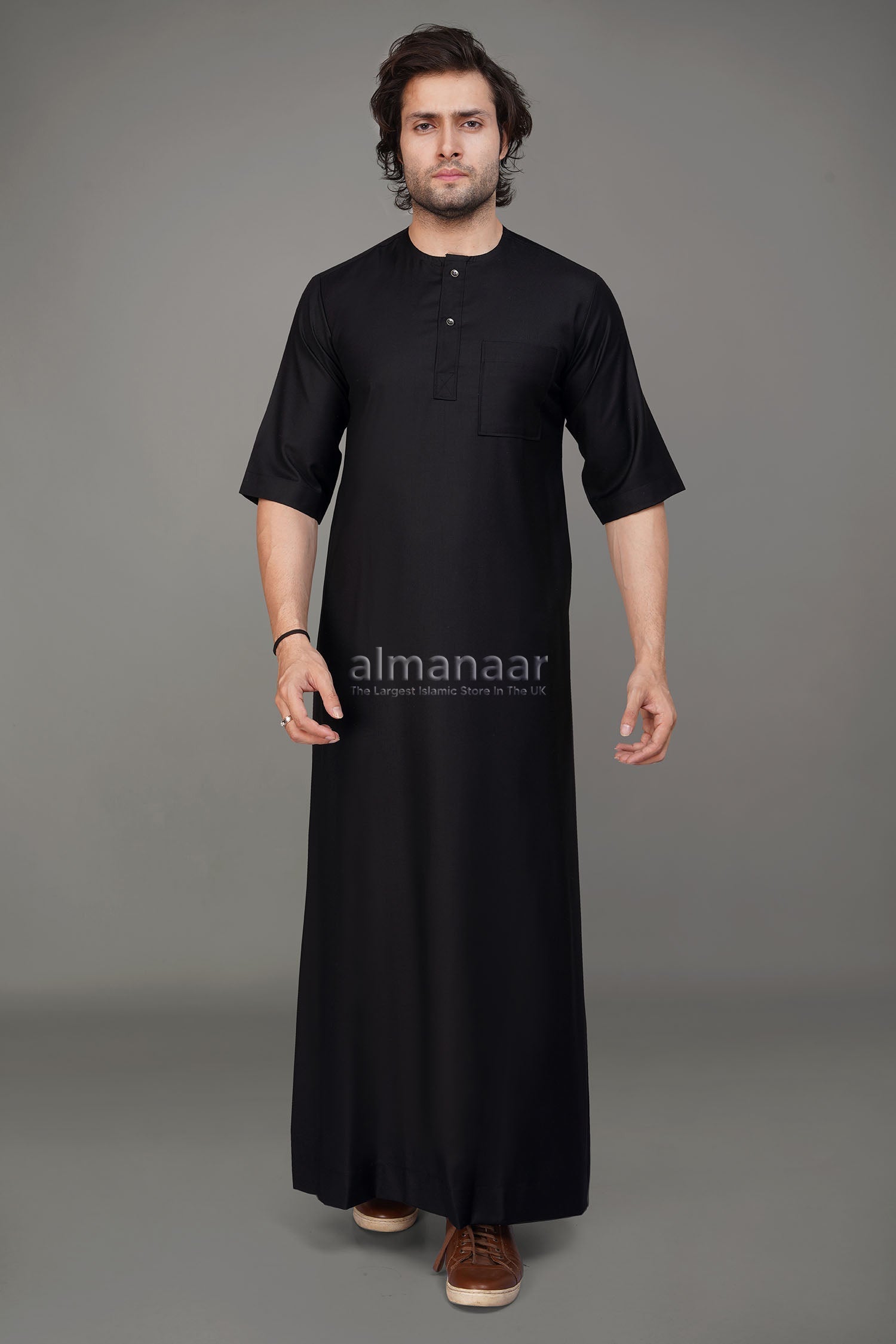 Black Short Sleeve Thobe With Buttons-almanaar Islamic Store