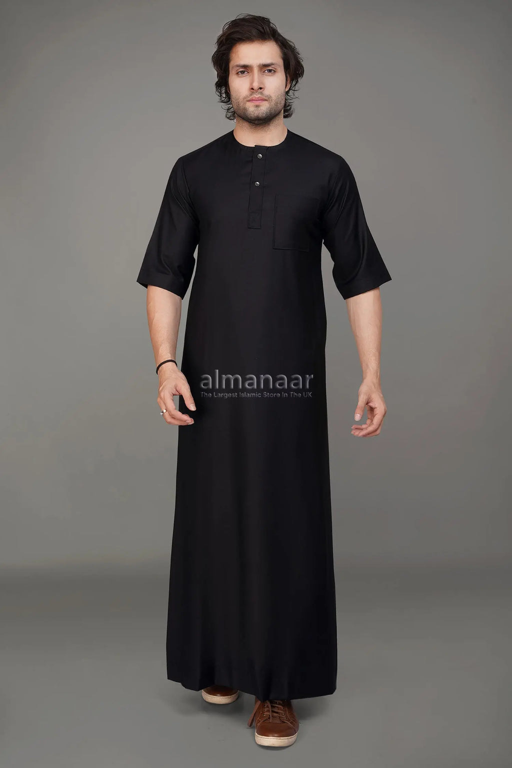 Black Short Sleeve Thobe With Buttons-almanaar Islamic Store