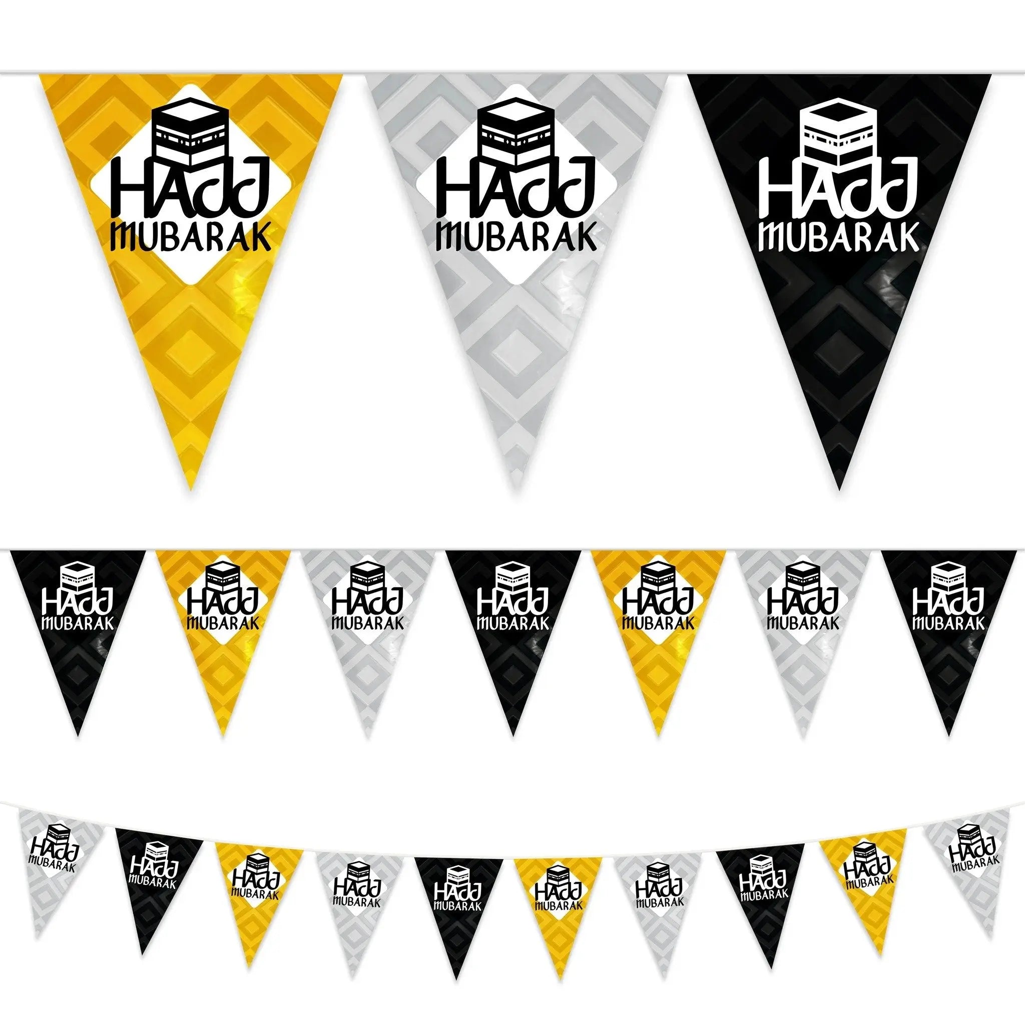 Black, White & Gold Hajj Mubarak Kaaba Plastic Triangle Bunting - 10 meters-almanaar Islamic Store