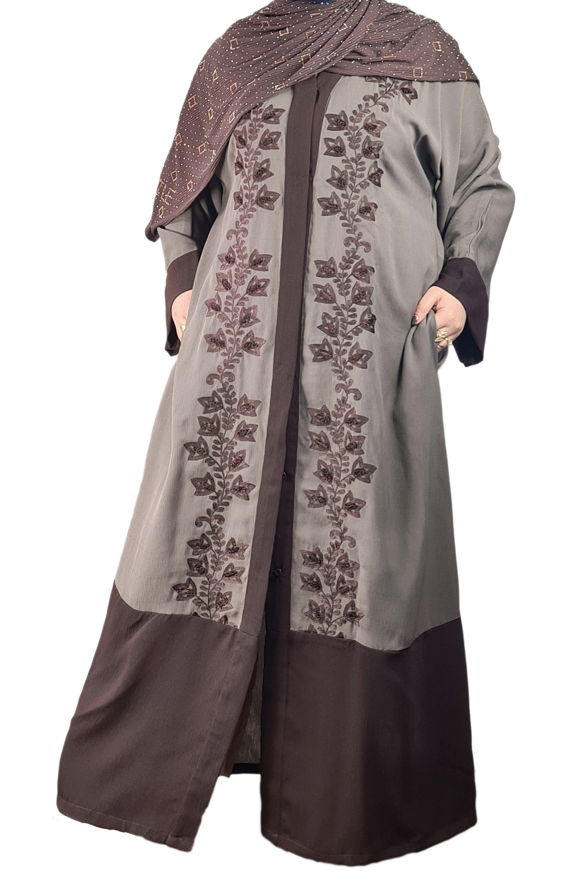 Brown & Dark Grey Exclusive Embroidered Open Abaya-almanaar Islamic Store