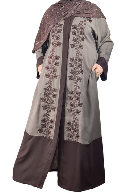Brown & Dark Grey Exclusive Embroidered Open Abaya-almanaar Islamic Store