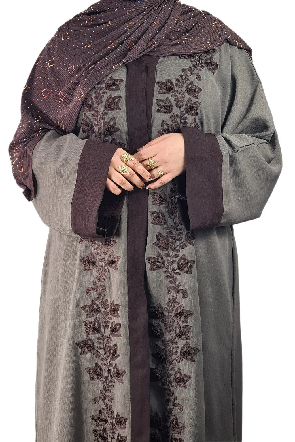 Brown & Dark Grey Exclusive Embroidered Open Abaya-almanaar Islamic Store