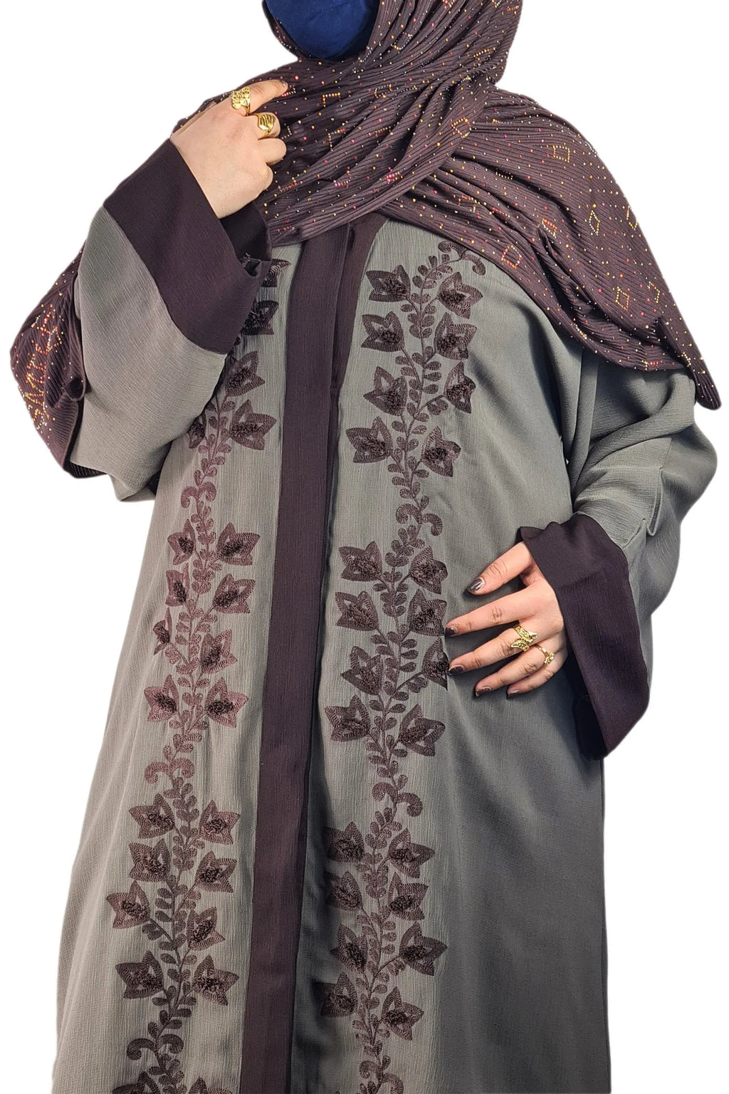 Brown & Dark Grey Exclusive Embroidered Open Abaya-almanaar Islamic Store