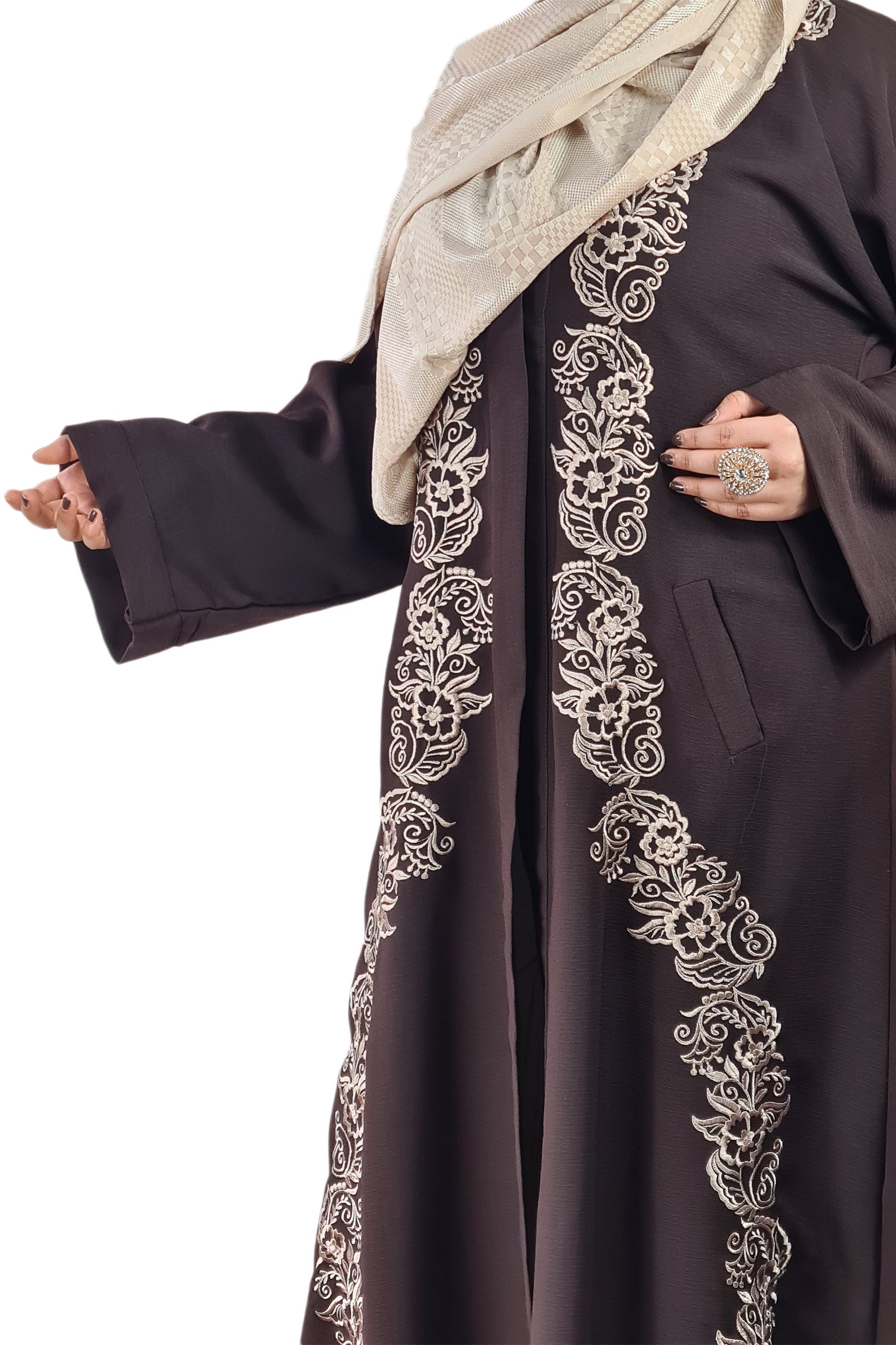 Brown Exclusive Embroidered Open Abaya-almanaar Islamic Store