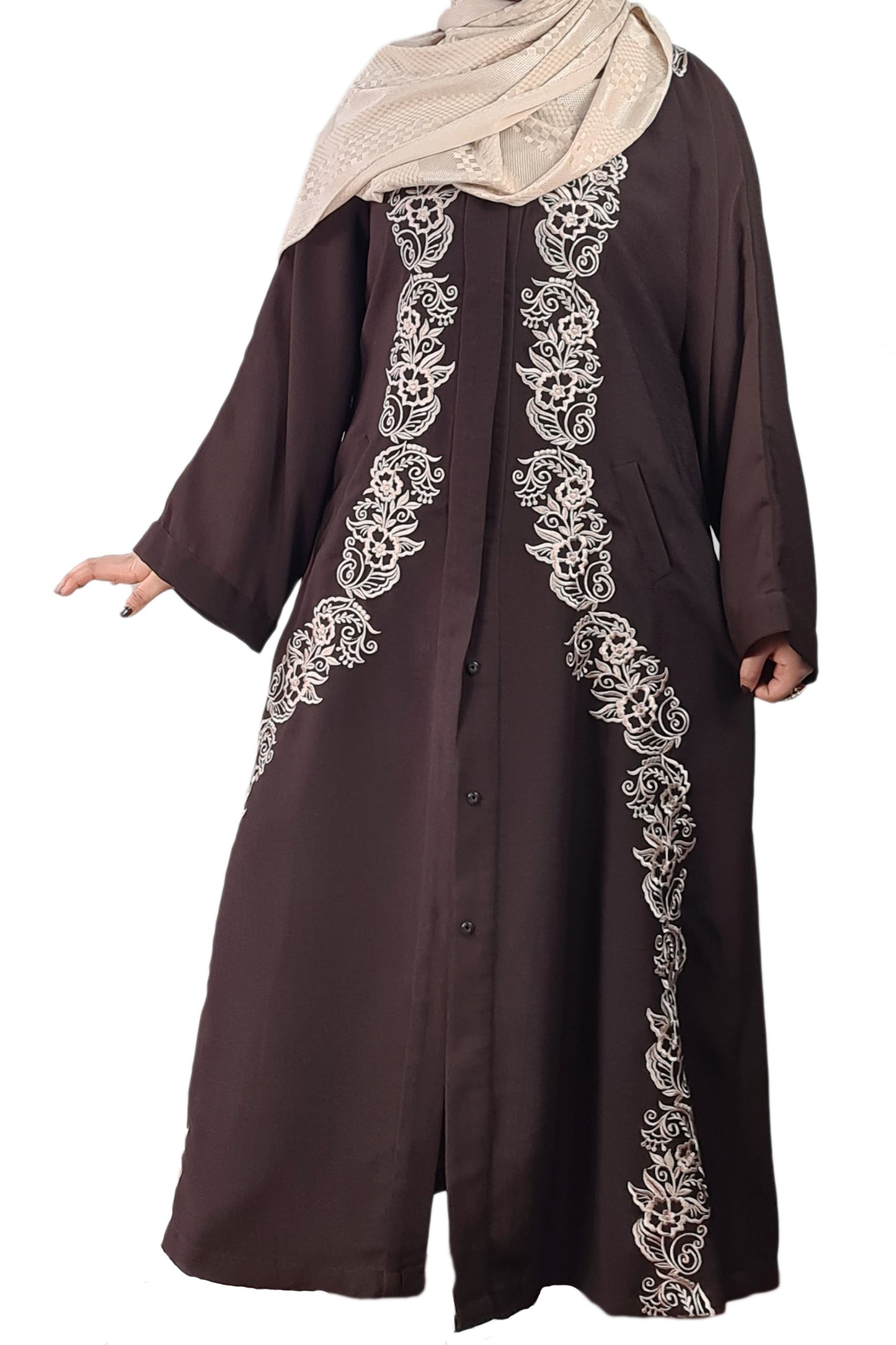 Brown Exclusive Embroidered Open Abaya-almanaar Islamic Store
