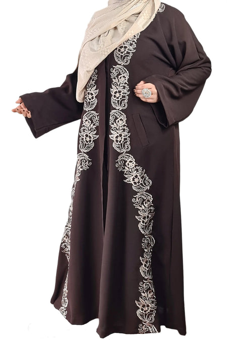 Brown Exclusive Embroidered Open Abaya-almanaar Islamic Store