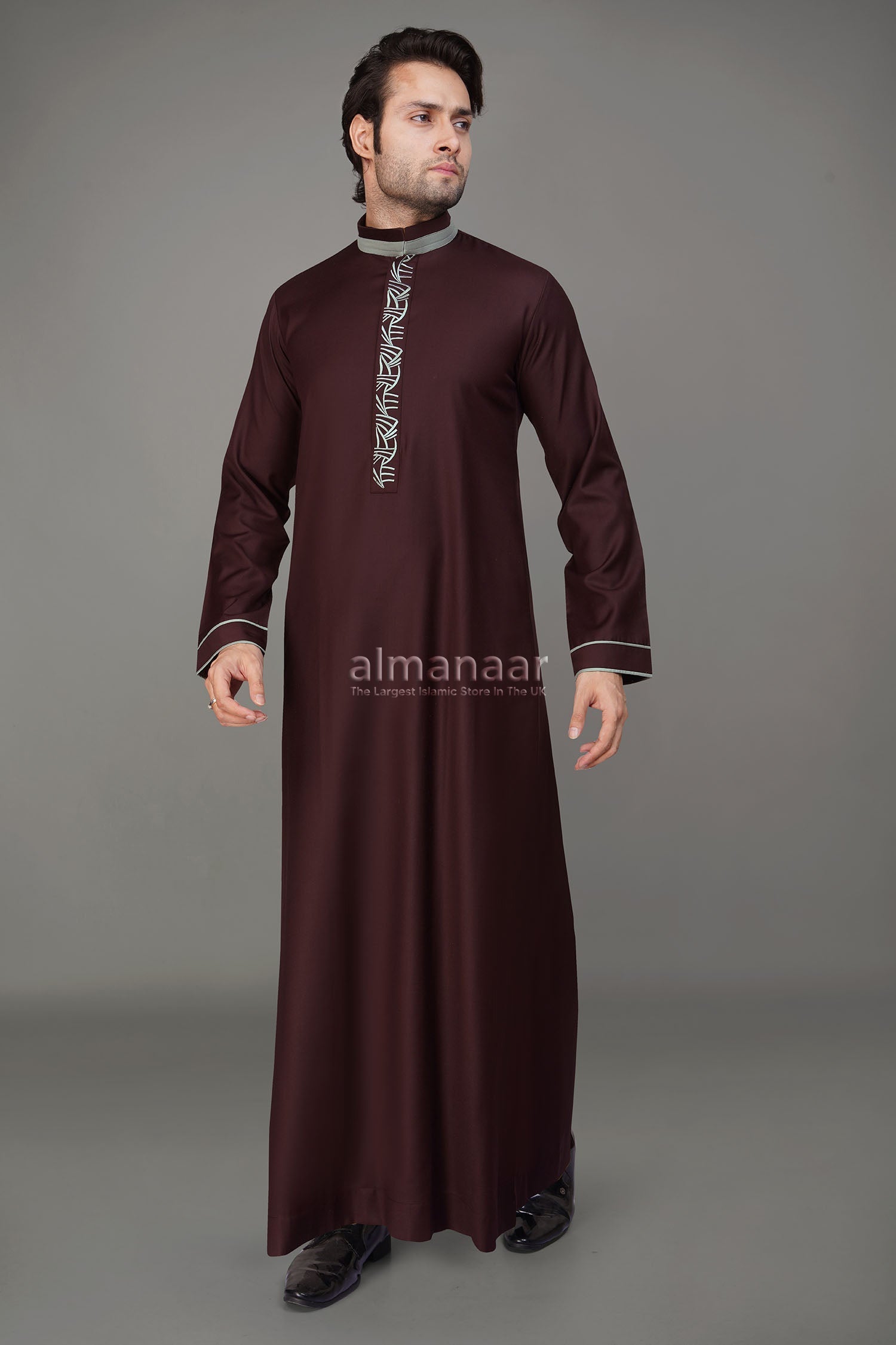 Burgundy Luxury Thobe With Collar & Grey Embroidery-almanaar Islamic Store