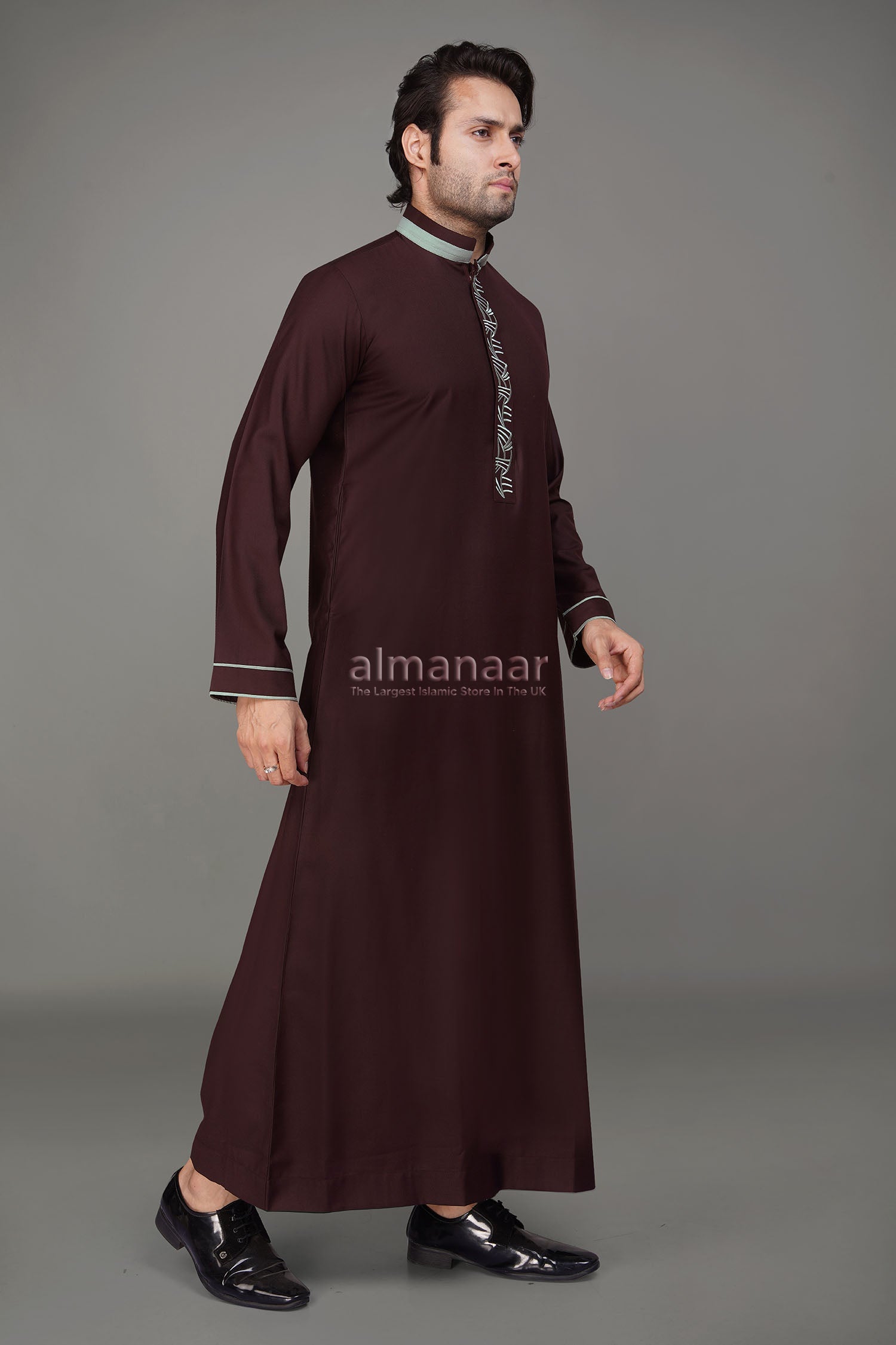 Burgundy Luxury Thobe With Collar & Grey Embroidery-almanaar Islamic Store