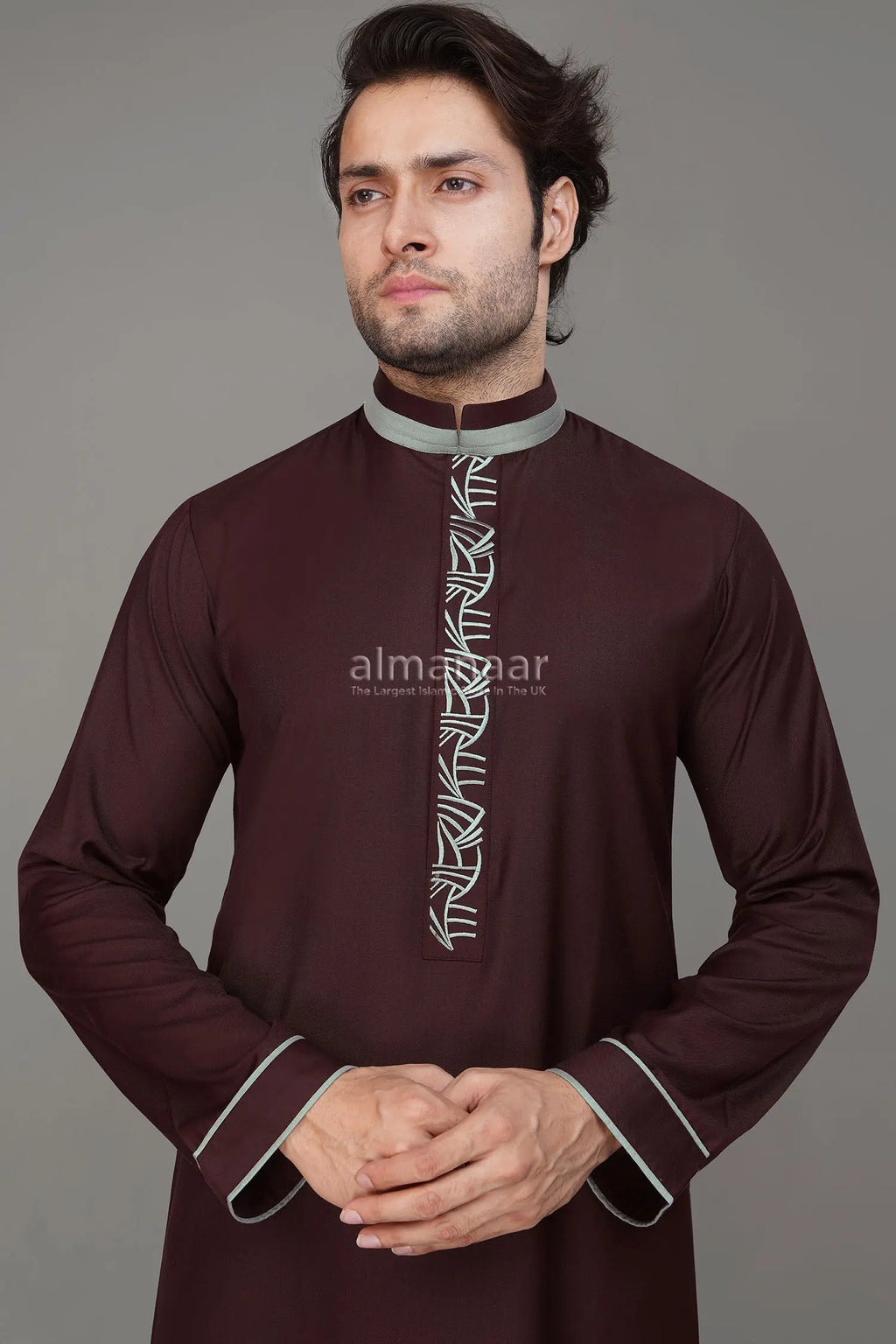 Burgundy Luxury Thobe With Collar & Grey Embroidery-almanaar Islamic Store