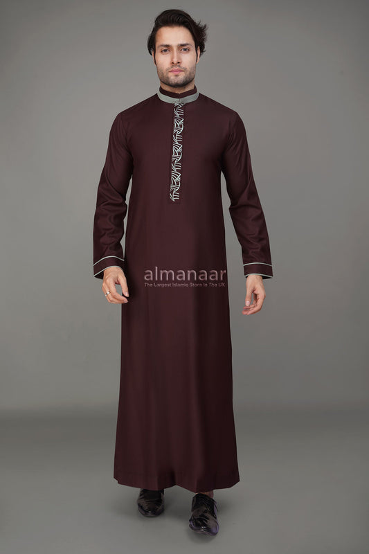 Burgundy Luxury Thobe With Collar & Grey Embroidery-almanaar Islamic Store