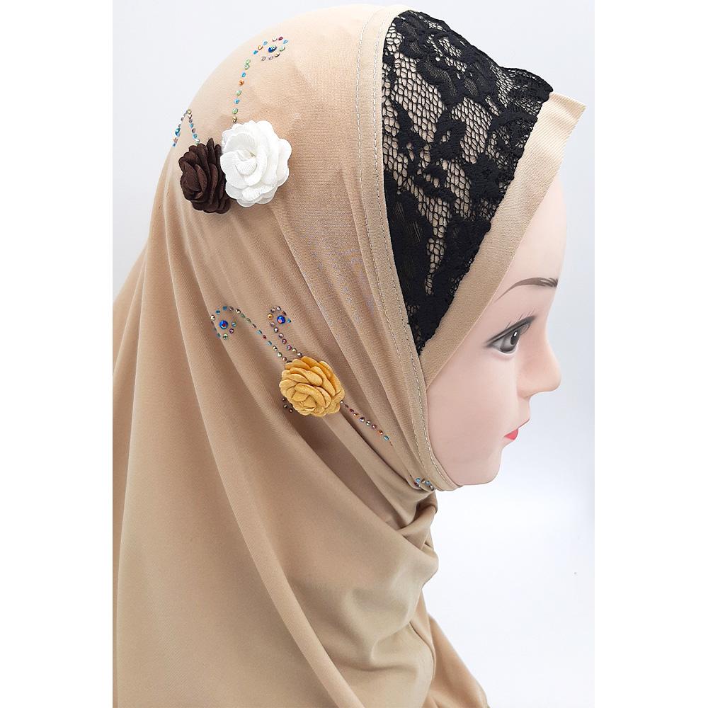 Butter Milk Fancy Three Flowers Design Pull on Hijab-almanaar Islamic Store