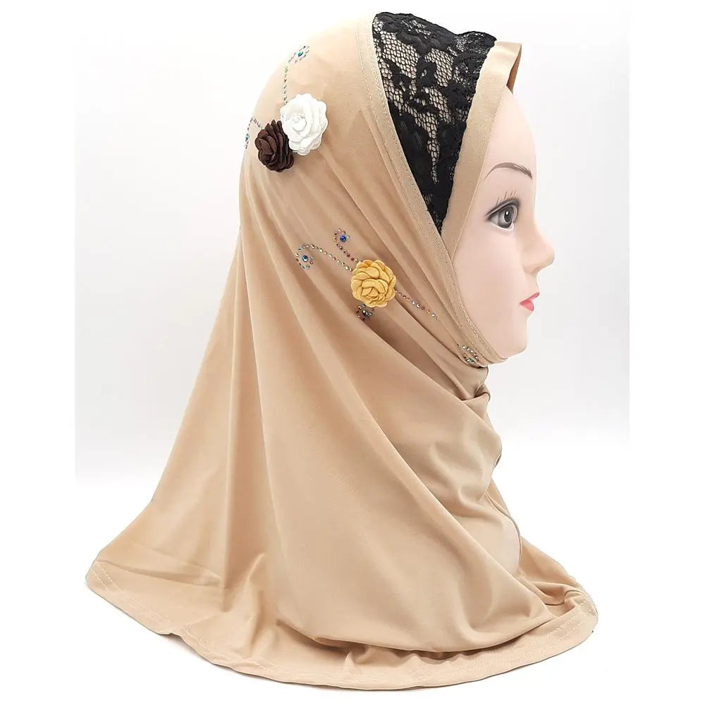 Butter Milk Fancy Three Flowers Design Pull on Hijab-almanaar Islamic Store