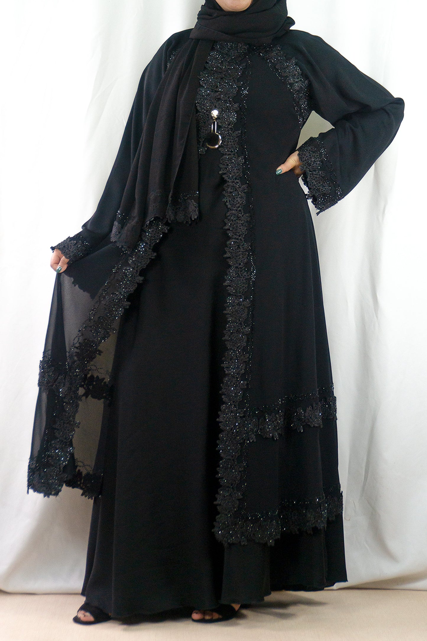 Classic Black Embellished Abaya-almanaar Islamic Store