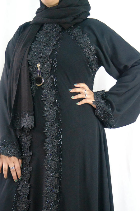 Classic Black Embellished Abaya-almanaar Islamic Store