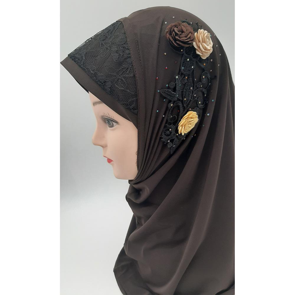 Dark Brown Fancy Three Flowers Design Pull on Hijab-almanaar Islamic Store
