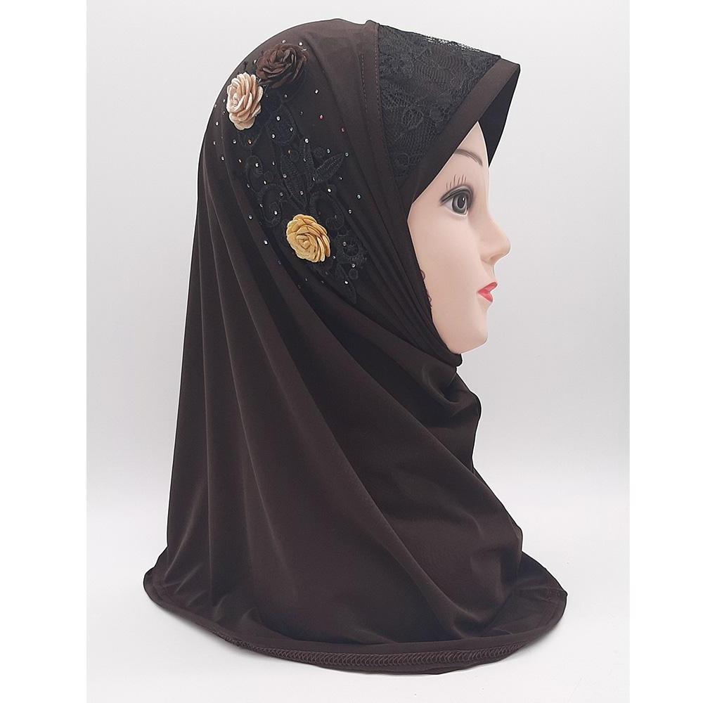 Dark Brown Fancy Three Flowers Design Pull on Hijab-almanaar Islamic Store