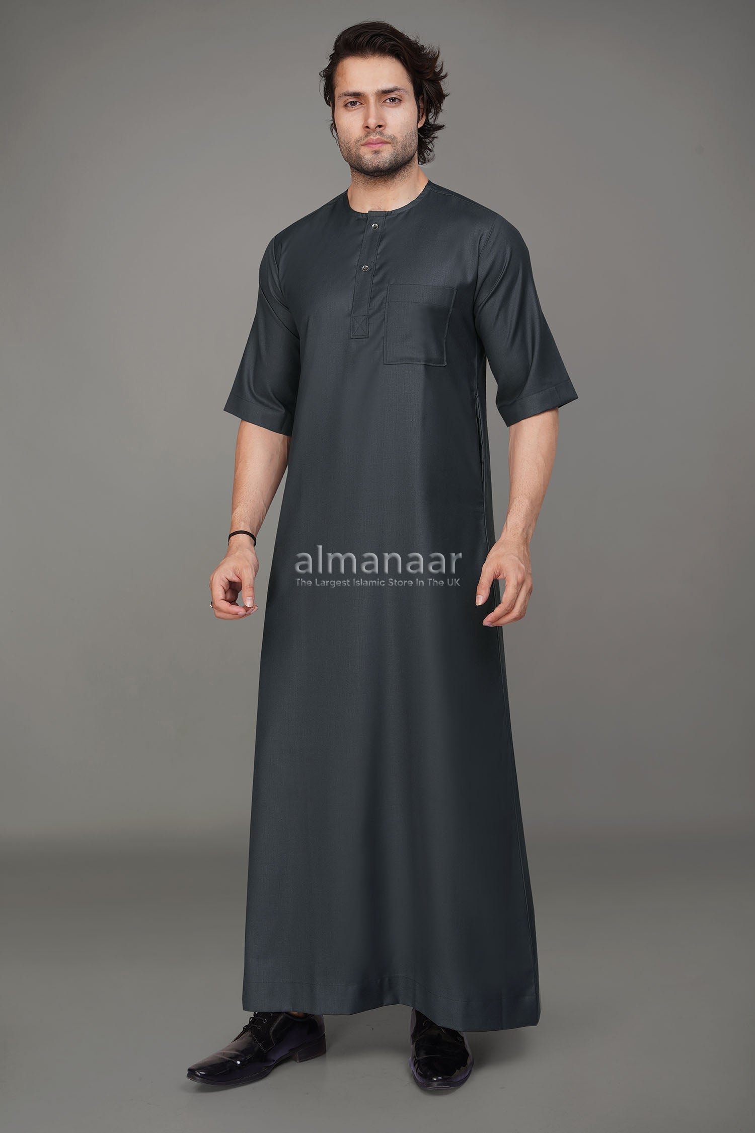 Dark Grey Short Sleeve Thobe With Buttons-almanaar Islamic Store