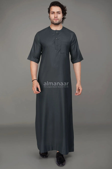 Dark Grey Short Sleeve Thobe With Buttons-almanaar Islamic Store