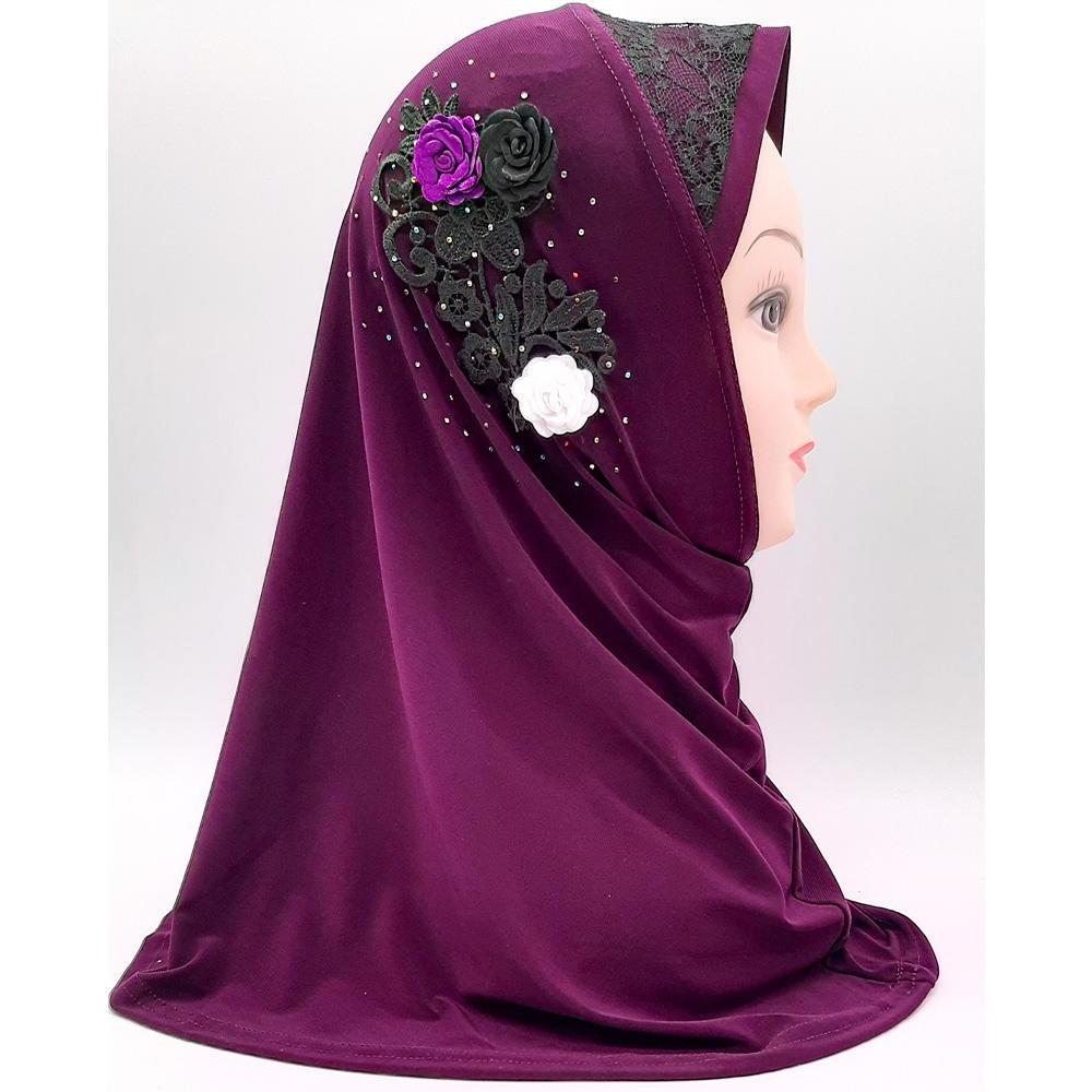 Dark Purple Fancy Three Flowers Design Pull on Hijab-almanaar Islamic Store