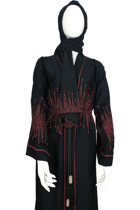 Dubai Exclusive red stone work in black abaya-almanaar Islamic Store