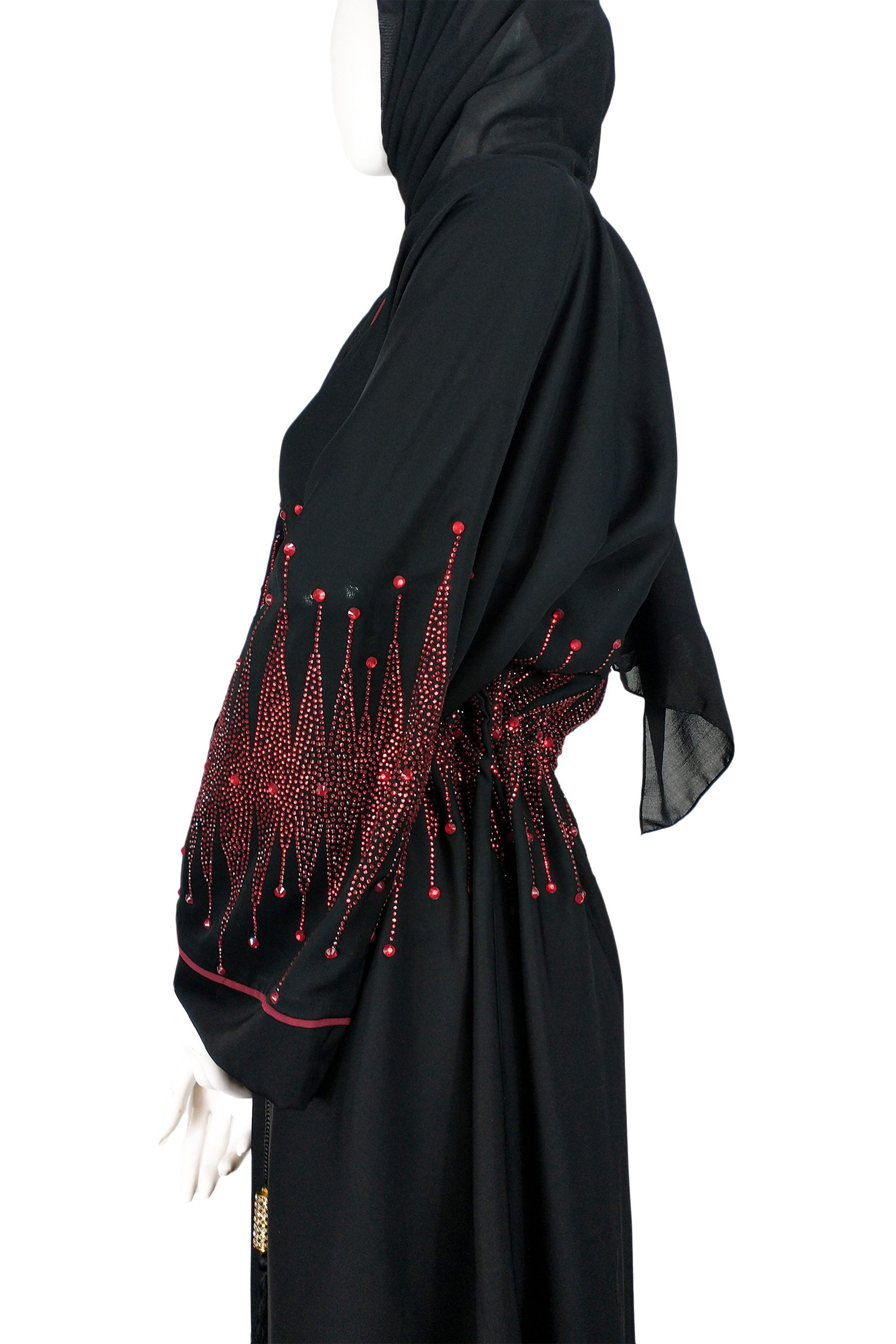 Dubai Exclusive red stone work in black abaya-almanaar Islamic Store