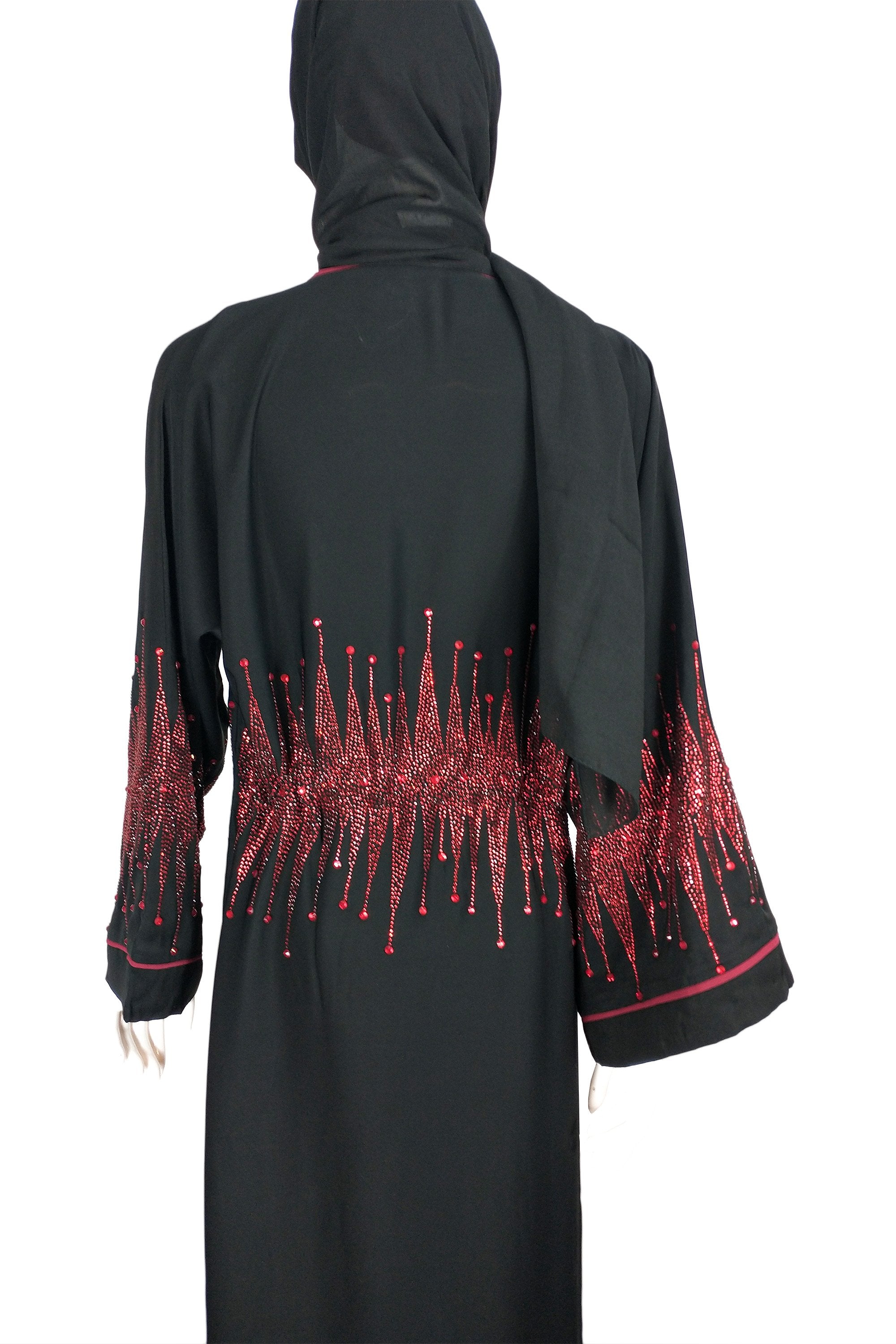 Dubai Exclusive red stone work in black abaya-almanaar Islamic Store