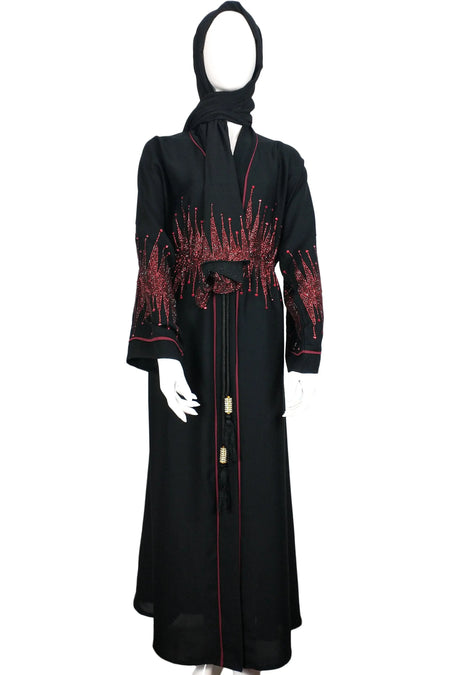 Dubai Exclusive red stone work in black abaya-almanaar Islamic Store