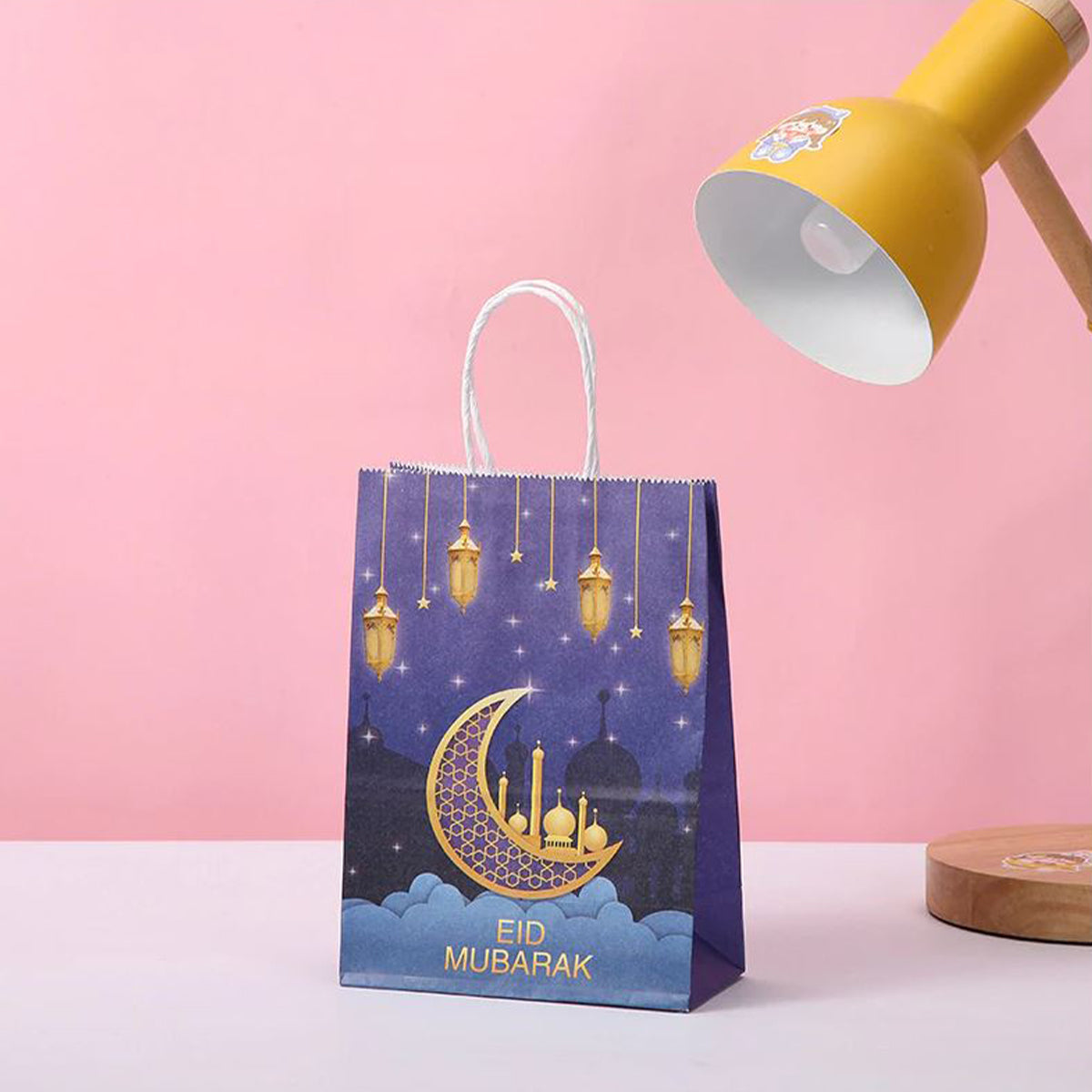Eid Mubarak Kraft Paper Bag - Blue & Gold (5Pcs)-almanaar Islamic Store